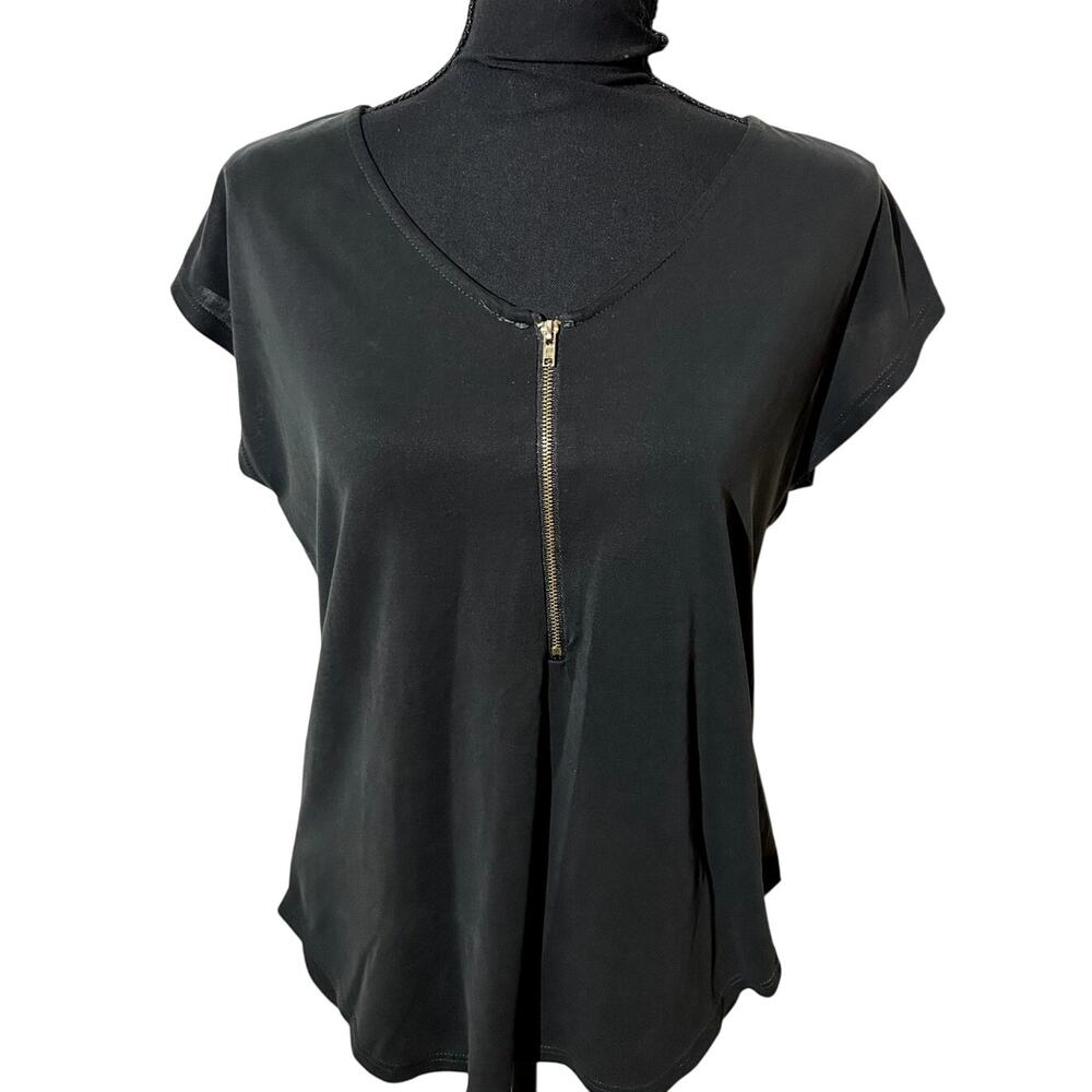 Green Envelope Women Casual Short Sleeve Top w Gold Zipper Detail Size Small